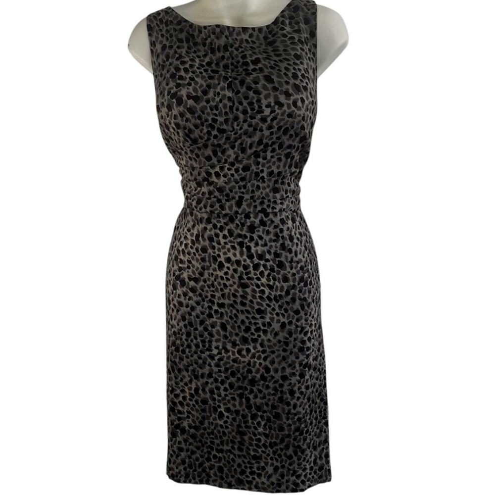 Silk Leopard Sheath Dress, Size 10, Gray / Black Leopard Print Mob Wife Vintage